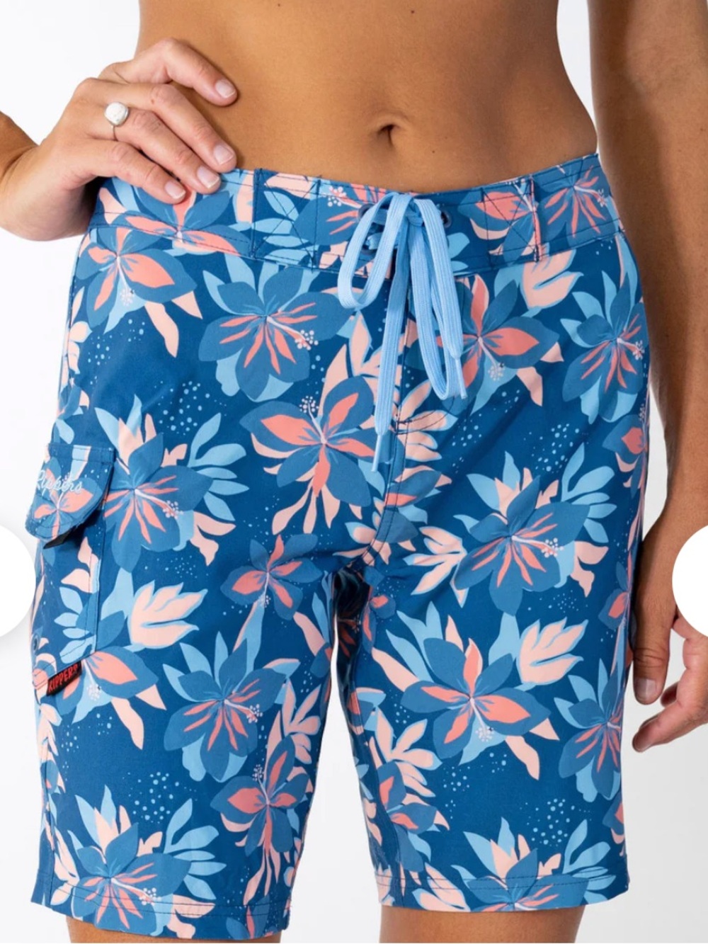 Floral Blue & Peach Women's Swim Board Shorts - Lightweight Tie Waist